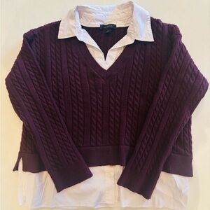 Ann Taylor Cable Knit V-Neck Sweater with White Collar